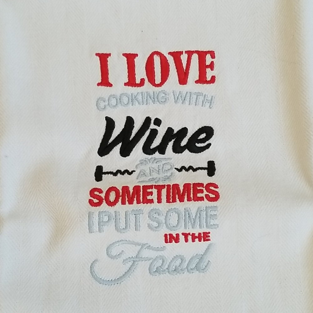 " I Love Cooking with Wine" embroidered Cotton Dish Towel & Earings